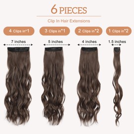 Clip in Hair Extensions for Women, Natural Chocolate Brown Extensions, 24 Inch 6PCS Hairpieces Long Wavy Soft Thick Hair Extensions Clip ins