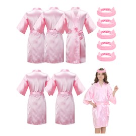 EPLAZA 10 Pieces Kids Girls Satin Robe and Hair Bands for Birthday Spa Bridal Party Flower Girls Wedding Robes Kimono (Pink set of 5, 14)