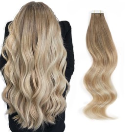 ABH AMAZINGBEAUTY HAIR Balayage Tape In Extensions Echthaar Menschenhaar 20 Stück 50g Gerade Nahtlose Aschbraun Übergehend in Schmutzigblond mit Platinblonden Highlight Extensions Tape B8-18-60 40 cm