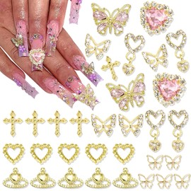 RODAKY 32PCS Butterfly Nail Charms 3D Gold Cross Nail Art Charms Dangle Heart Charms for Nails Heart Nail Gems Luxury Nail Jewelry Gold Nail Decoration Accessories for Women Manicure
