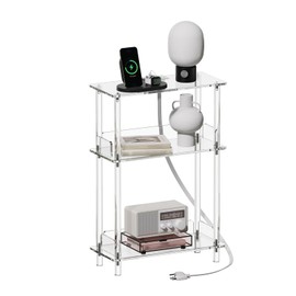 HMYHUM Acrylic Narrow Side Table with Charging Station, 7'' Width, 3-Tier Skinny End Table for Small Spaces, Clear Nightstand/Bedside Table with USB Ports Outlet, 15.7" L x 22.9" H