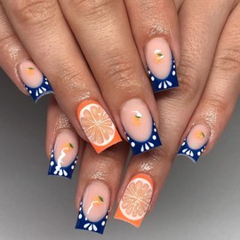Press on Square Nails Medium Length Glossy Full Cover Acrylic French False Nails with Orange Designs Artificial Square Shaped Fake Nails Glue ons Nails Stick on Fingernails for Women Girls