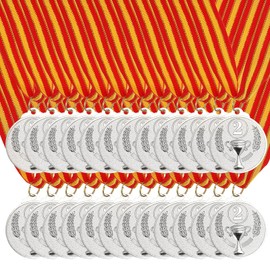 MECCANIXITY Award Medals 2 Inch, Silver Prizes Metal Winner Medals 2ed Place with Neck Ribbon Trophy Pattern for Sports Games Competitions Party Favors 24 Pieces