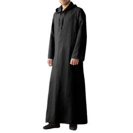YAOHUOLE Hooded Kaftan for Men Muslim Kaftan Thobe with Pocket Black L