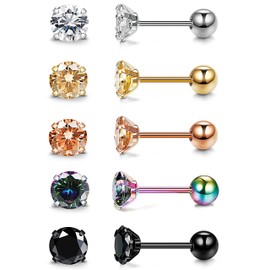 Sllaiss 5 Pairs Cubic Zirconia Stud Earrings Set 316L Stainless Steel Stud Earrings Screwback Earrings Set 5MM