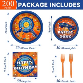 Qyeahkj 200 Pcs Dart War Birthday Party Supplies Gun Game Theme Party Tableware Set Paper Plates and Napkins Dart Battle Gunfight Game Party Decorations Gun Happy Party Favors for Boys Serves 50