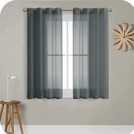 Mrtrees Voile Curtains, Semi Transparent, Short with Eyelets, in Linen Look, Curtains for Living Room, Bedroom, Children's Room, White, Set of 2