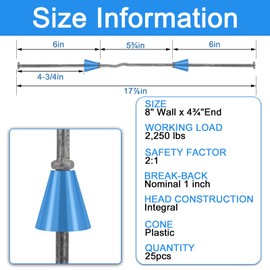 Blulu 25 Pcs 8" x 4 3/4" Standard Snap Ties for Concrete Forms, Short End - 4.75" Concrete Snap Ties with 1" Plastic Cones, 2: 1 Safety Factor, 2, 250 Lbs Working Load for Construction