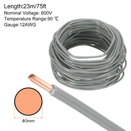 sourcing map 75 Feet Electrical Wire Insulated Solid Copper 12 AWG Hook Up Wire Cable THHN Wire Residential, Industrial, Grounding, Electrical Rated for 600 Volts, UL listed, Gray