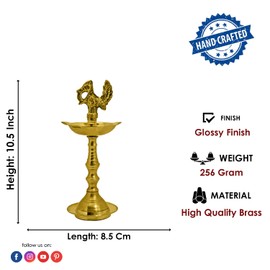 SATVIK 10.5 Inch Pure Virgin Brass Peacock Kerala Samai Puja Diya Traditional Brass Kutthu Vilakku Oil Lamp Pooja 1 Step Diya Engraved Design Adjustable Deepak Pooja Indian Housewarming Return Gift