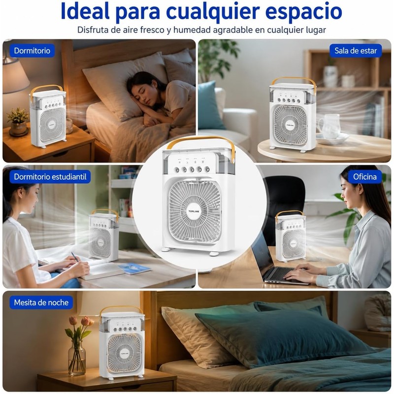Ventilador Portátil con Humidificador, 5 Salidas de Niebla, 3 Velocidades