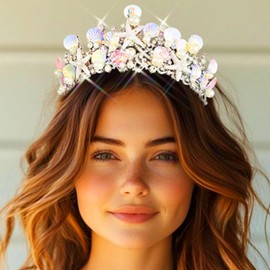 Evlry Hochzeit Seestern Tiara Silber Kristall Krone Stirnband Prinzessin Kostüm Kopfschmuck Perlen Braut Kopfbedeckung für Frauen