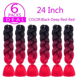 6pcs/lot Ombre Jumbo Braiding Hair Extensions 24 Inch High Temperature Synthetic Fiber Braids Hair Extensions for Crochet Twist Braid Hair (24" black deep red to red)