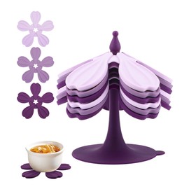 Mabnuby Silicone Trivet Mat - 6 Flower-Shaped Silicone mats + 1 Stand, Non-Slip & Heat Resistant Kitchen Hot Pads for Table & Countertop, Multifunctional Mats can Hold Coffee, Plates
