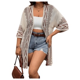 Verdusa Women's Plus Size Boho Tribal Cardigan 3/4 Sleeve Open Front Loose Kimono Cover Up Khaki XX-Large Plus