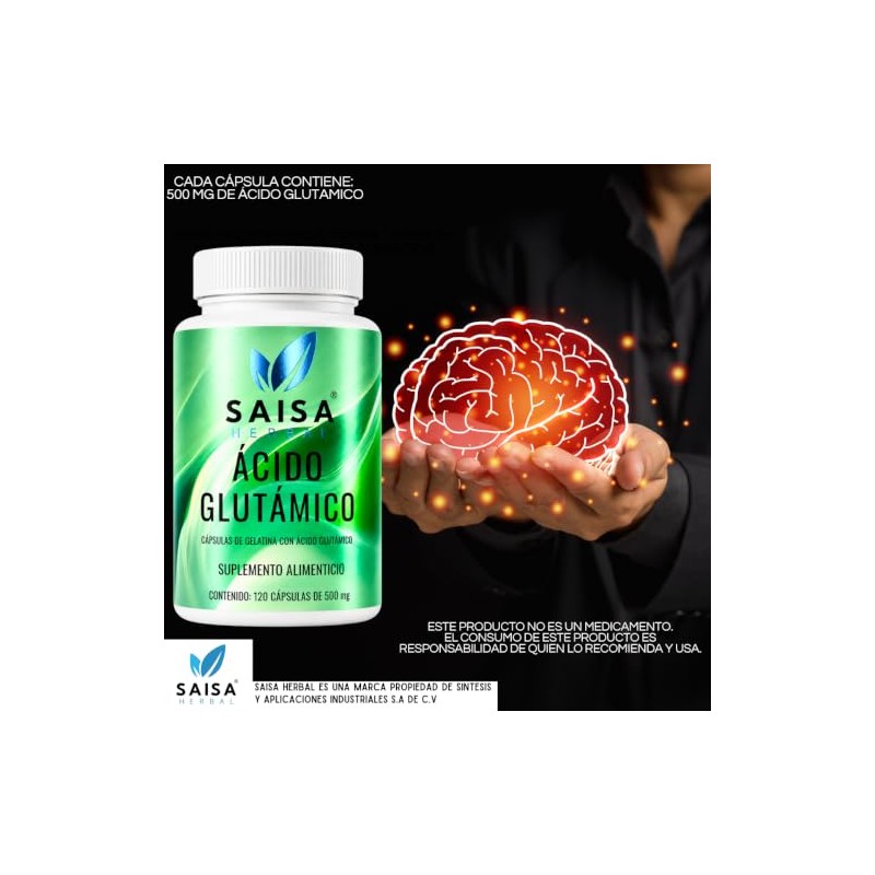 SAISA HERBAL Ácido Glutámico 100% Puro,120 Cápsulas | Suplemento para
