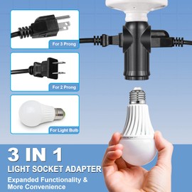 Light Socket to Plug Adapter (3 Pack), Light Bulb Outlet Socket Adapter for 2&3 Prong, High-Grade Heat-Resistant Material Light Bulb Plug Adapter, Multi-Plug Light Socket Outlet - Black