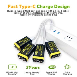 LDSMNLI 9V Rechargeable Lithium Batteries, 850mAh 9 Volt Rechargeable Battery with USB-C Charging Cable, 500 Cycles 6F22 Batteries for Electric Guitar, Smoke Alarms (4 Pack)