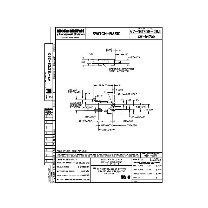 Honeywell V7-1B17D8-263 Micro Switch 11A 1/3 HP Free Shipping