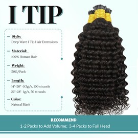 Deep Wave I Tip Hair Extensions Brazilian Pre Bonded Keratin Stick Tipped Hair Extensions for 3C 4A Hair Afro Curly I Tips Hair 100 Strand 18"