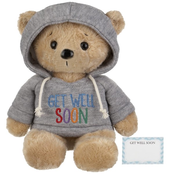 Get Well Teddy Bear with Gray Hoodie 9 Stuffed Animal Plushie Doll for Comfort and Love with Get Well Soon Card (Tan Nose)
