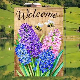 BlissYard Welcome Garden Flag 12x18 Inches Double Sided Small Flags with Hyacinths and Bees Design for Spring Summer Garden Flags Decoration Outside Outdoor Holiday Seasonal Decor Yard Flags