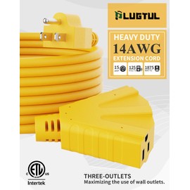 PLUGTUL 50FT Outdoor Extension Cord with Multiple Outlets, 14 Gauge, 3-Outlet, SJTW, 15A 14AWG 1875W SJTW, ETL Listed - Great for Garage, Garden and Home, Yellow
