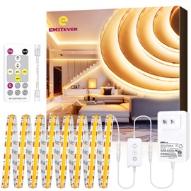 EMITEVER COB LED Strip Lights Kit Warm White with Remote & 24V Power Supply,16.4ft Dimmable Tape Light 2700K, High Density 2400LEDs, 300+LM/FT, CRI90+, Suitable for Bedroom Kitchen Cabinet Lighting