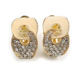 Gold Plated, White Enamel, Clear Crystal Infinity Clip On Earrings - 20mm L