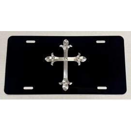 Silver Engraved 3D Christian Cross Car Tag Diamond Etched Vanity License Plate