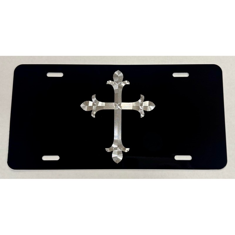 Silver Engraved 3D Christian Cross Car Tag Diamond Etched Vanity