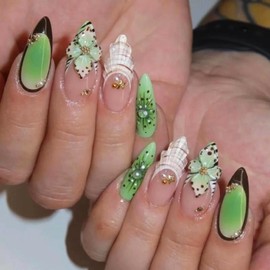 MERVF Almond Press on Nails Medium Green Aura Fake Nails 3D Flower Design Glue ons Shell Beach Stiletto Acrylic Nail Supplies DIY Manicure Glossy 24pcs