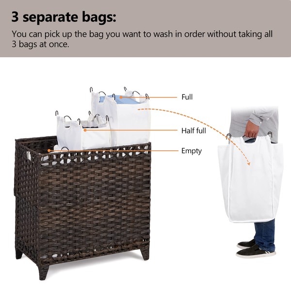 Hermina Laundry Hamper with 3 Removable Liner Bags; 132L Handwoven
