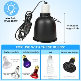 Timer Reptile Deep Dome Light Fixture - 1H/3H/6H/12H Auto On/Off - 5.5 Inch Ceramic Socket Lamp Holder for Heat & UVA UVB Bulbs - Bearded Dragons, Geckos, Turtles - Terrarium Lighting