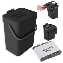 0.8 Gallon/3L Compost Bin Kitchen, Bring 5 Rolls (100) of Garbage Bags, for Use on Countertops or Under Sinks, Hanging Trash Can with Lid, for Cupboard/Bathroom/Bedroom/Office/Camping(Black)