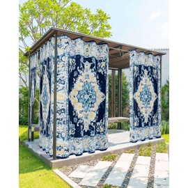 Boho Outdoor Curtains for Patio Waterproof, Vintage Ethnic Privacy Sunlight Blocking Outside Curtain, Tribes Modern Blue Middle Century Top Bottom Grommet Curtains for Gazebo Porch 2 Panels 54''x84''