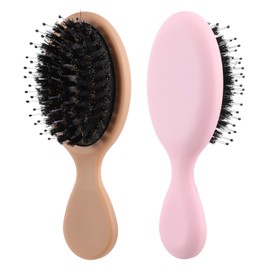 KFHENSOMR 2 Pack Hair Brush Mini Boar Bristle Hairbrush Detangle Massage Pocket Travel Size Small Paddle Hair Brush for Men Women Kids Thick Curly Thin Long Short Wet or Dry Hairs Add Shine-Pink Brown