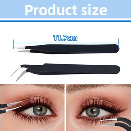 Tweezers 2-Piece Set, Stainless Steel Tweezers, Straight Tweezers and Curved Tweezers for Eyelashes, Eyebrows etc. (11.7 cm)