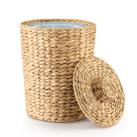 Tidita 2 Gallons Wicker Waste Basket - Water Hyacinth Bathroom Garbage Can with a Lid - Bathroom Trash Can Boho Style - Wicker Trash Can with Lid for Household, Kitchen - Removable Liner, Iron Frame