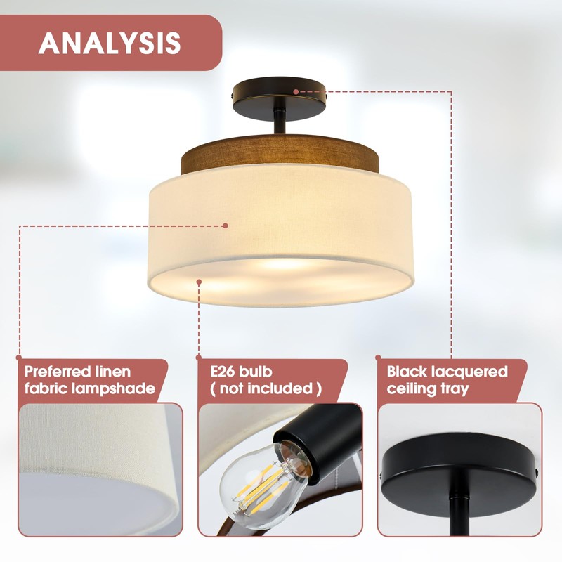Qgiytp 13" Double Drum 3-Light Semi Flush Mount Ceiling Light