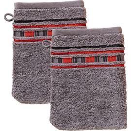 Erwin Müller Wash Mitt, Wash Cloth, Pack of 2, Achern Grey/Red, Size 16 x 21 cm, 500 g/m², Quick Drying, Extra Absorbent