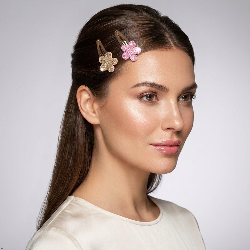 12Pcs Rhinestone Flower Snap Hair Clips - Women Hair Accessories