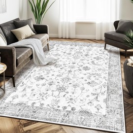 RELEANY 6x9 Area Rug Print Washable for Living Room Low Pile Non Slip Soft Thin Carpet Boho Vintage Floral Rug Stain Resistant for Bedroom Dining Room Kitchen Playroom Greywhite