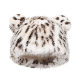 ZPSOSPZ Leopard Print Faux Fur Bucket Hat, Fluffy Fuzzy Cute Hat with Ears Warm Hat Plush Fisherman Hat for Women Teens Girls Women's Leopard Faux Fur Hat Comfortable and Cozy Winter Accessory Beige