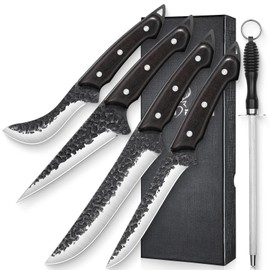 TAN REN Boning Knife Set, 6PCS Butcher Knife Set for Meat Cutting, Hand Forged Skinning Set with Sharpening Rod, High Carbon Steel Meat Trimming Knife for Kitchen & Outdoor & BBQ, Father's Day Gift