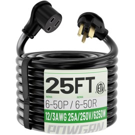POWGRN 25 AMP 25ft Welder Extension Cord Outdoor 12 Gauge, 250V NEMA 6-50 Heavy Duty Welding Cord 3 Prong, 12AWG SJTW Black, ETL
