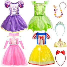 MELAND Princess Costumes for Girls - 4 Set of Princess Dress up for Girls Aged 3 4 5 6 7 8, Fancy Dress Up Clothes for Kids Toddlers Girls Birthday Gift