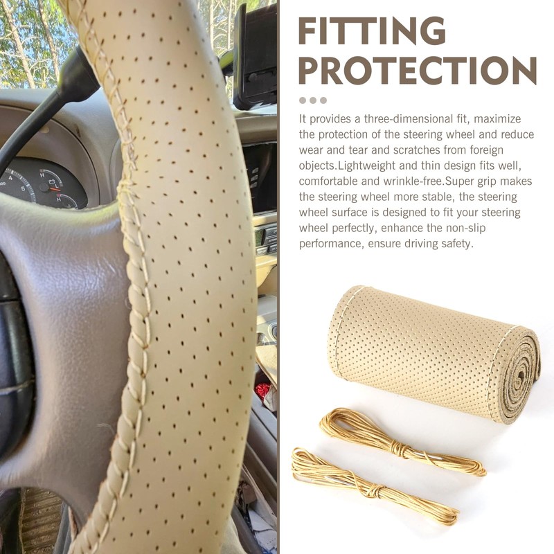 Ferianl Genuine Leather Steering Wheel Cover, 15 Inch Hand Sewing