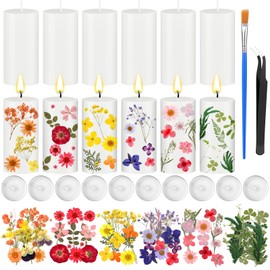 MTLEE 24 Pack Pressed Flower Candles Making Kit 6 White Pillar Candles 10 Tealight Candles 6 Set Pressed Flowers with Tweezer Brush for DIY Candles Crafts Birthday Wedding Centerpieces(4 Inch)