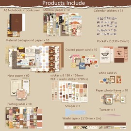 TIE-DailyNec 348-Piece Scrapbook Accessory Set, Vintage Scrapbooking Paper Aesthetic, Retro Sticker Paper, Journaling Accessories with A6 Notebook and DIY Tools for Photo Albums (Brown)